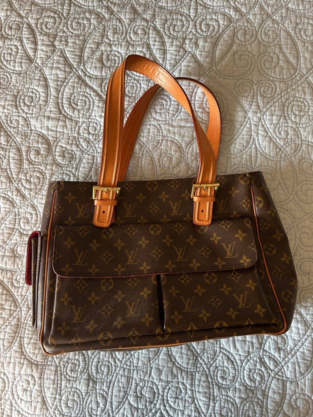 Luxury Monogram Canvas Shoulder Tote Bag with Tan Trim